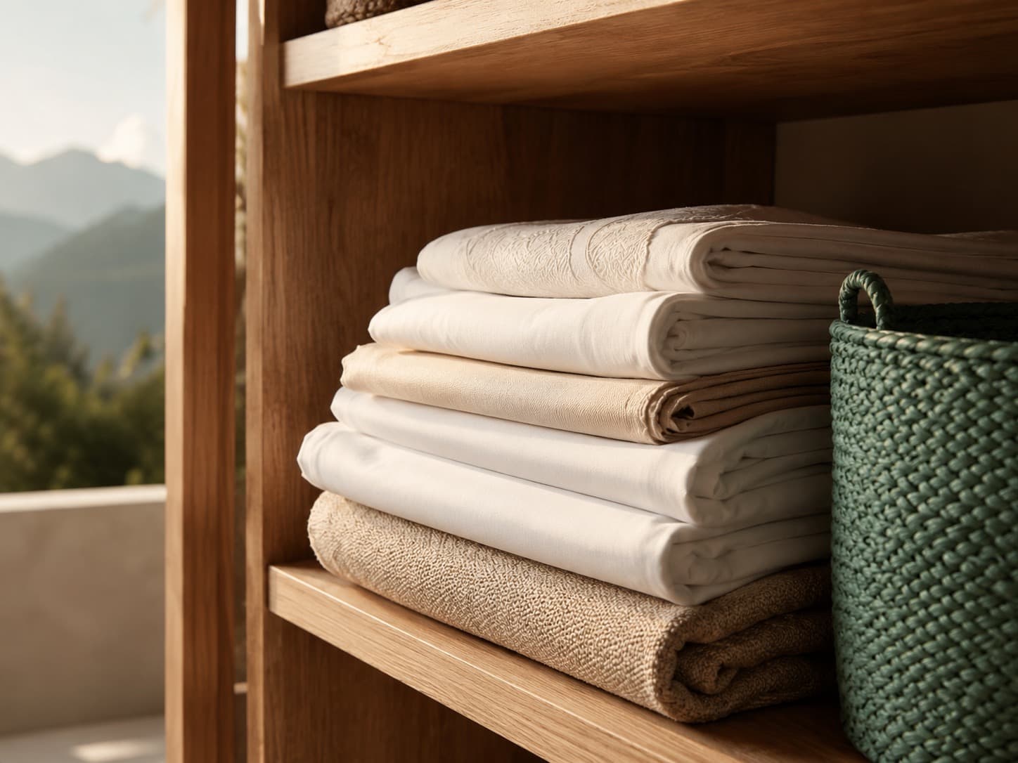 Fresh guest linens arranged on oak shelving
