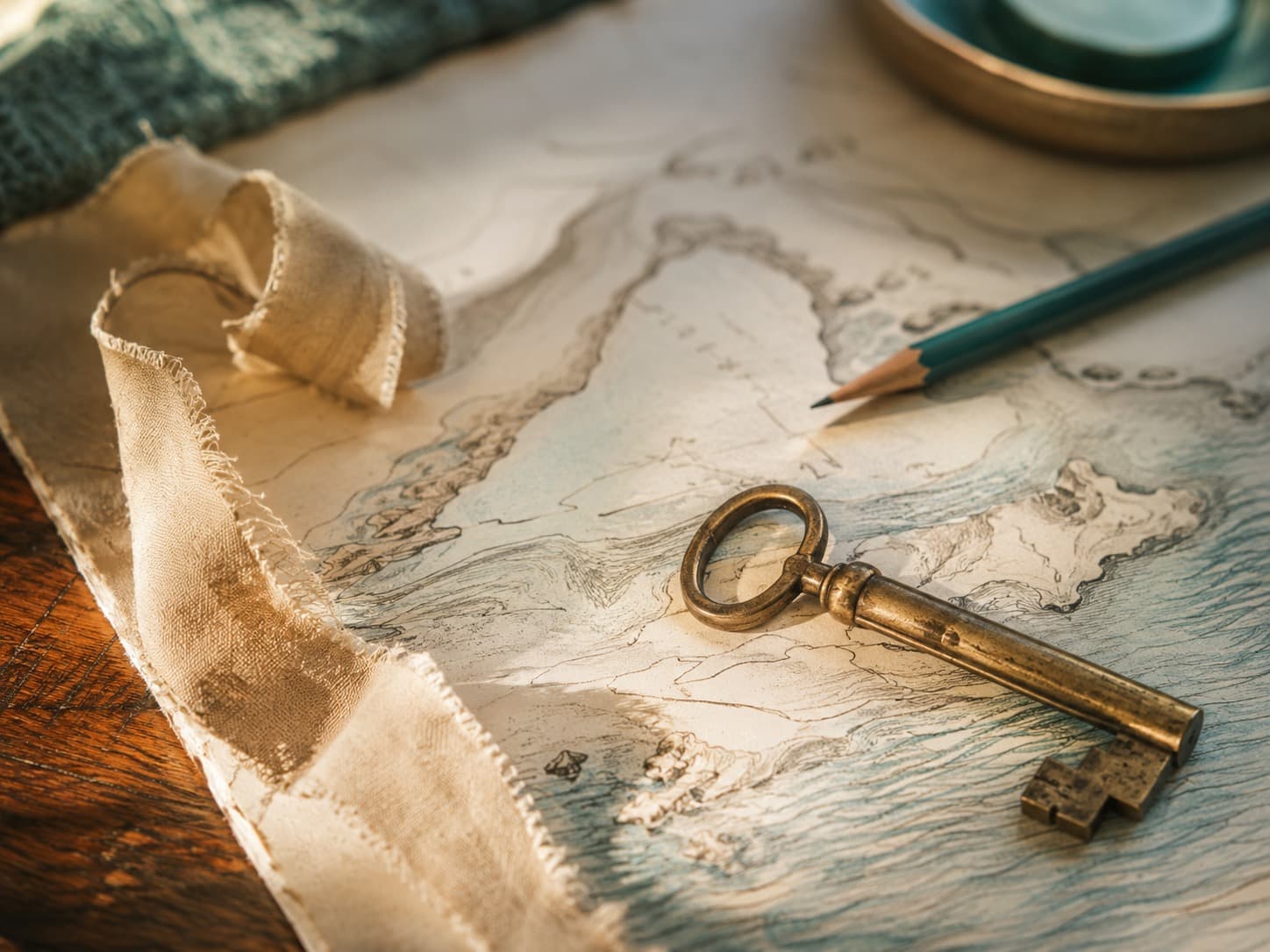 Brass room key on an abstract coastal map