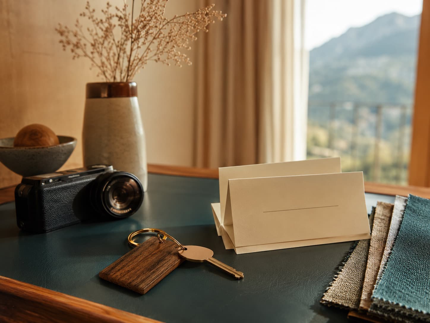 Room key, camera and blank information cards arranged on a teal desk