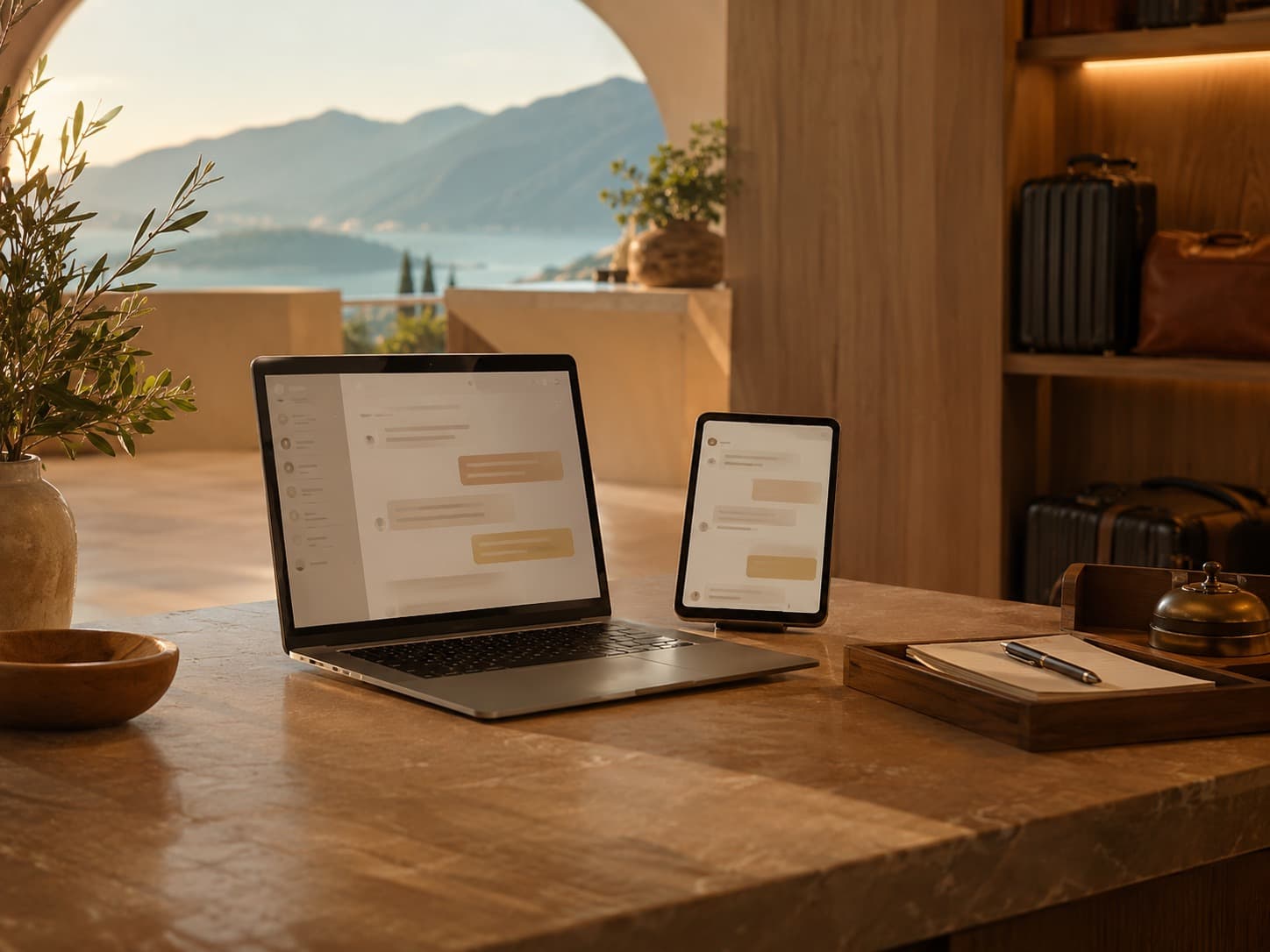 Hospitality guest reply workspace on a phone and tablet