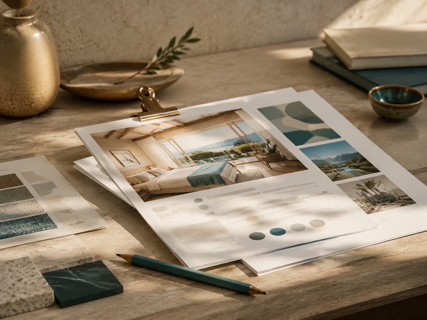 Editorial listing copy workspace with room photograph and structured pages