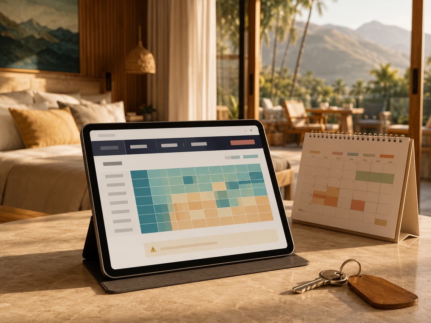 Abstract rate range workspace beside a calendar and room key